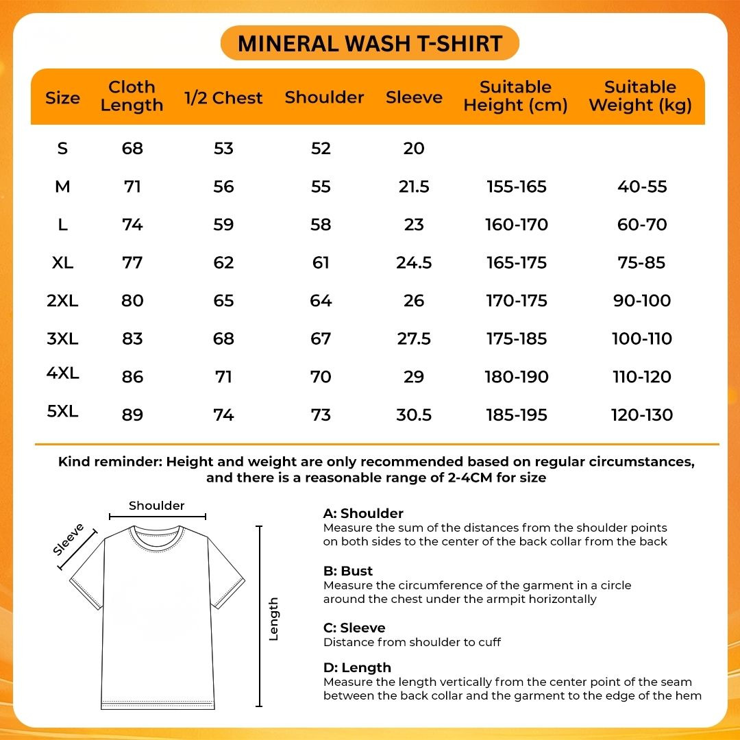 Mineral Wash T Shirt Size Chart - Gundam Merch